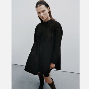 Zara The Enya Oversized Poplin Cotton Dress | Black Button Front Long Sleeve